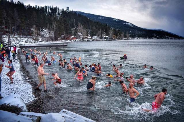 Group participating in polar plunge, local fundraiser