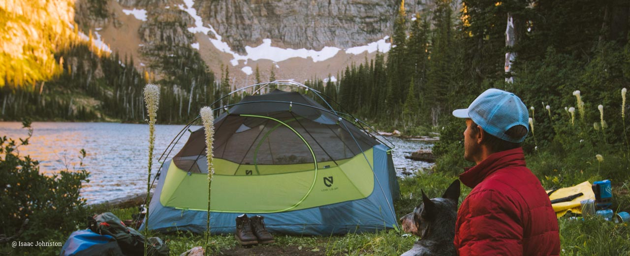 Man with dog tent camping in mountains