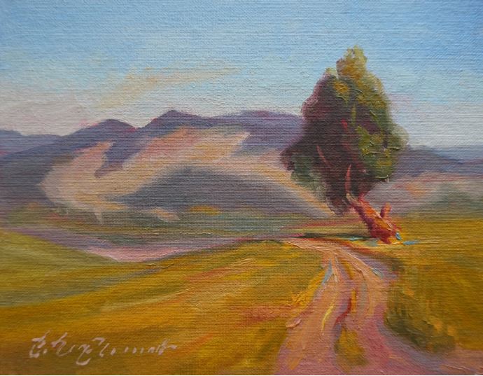 oil painting of a road and a tree