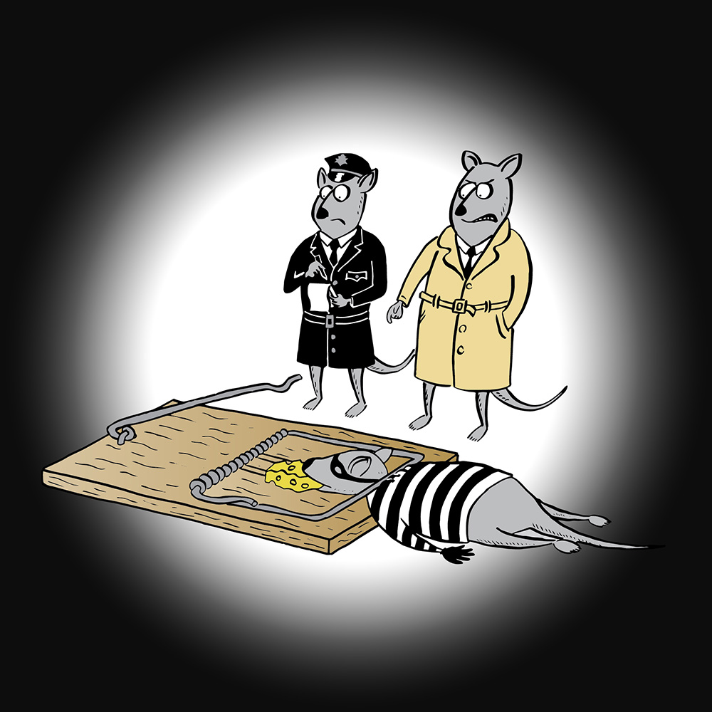 Cartoon of two mice looking at a third caught in a trap