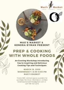 Learn to cook with natural foods. March 18 at 6 pm.  $25/person