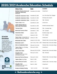 2020/2021 Avalanch Education Schedule details found on flathead avalanche.org