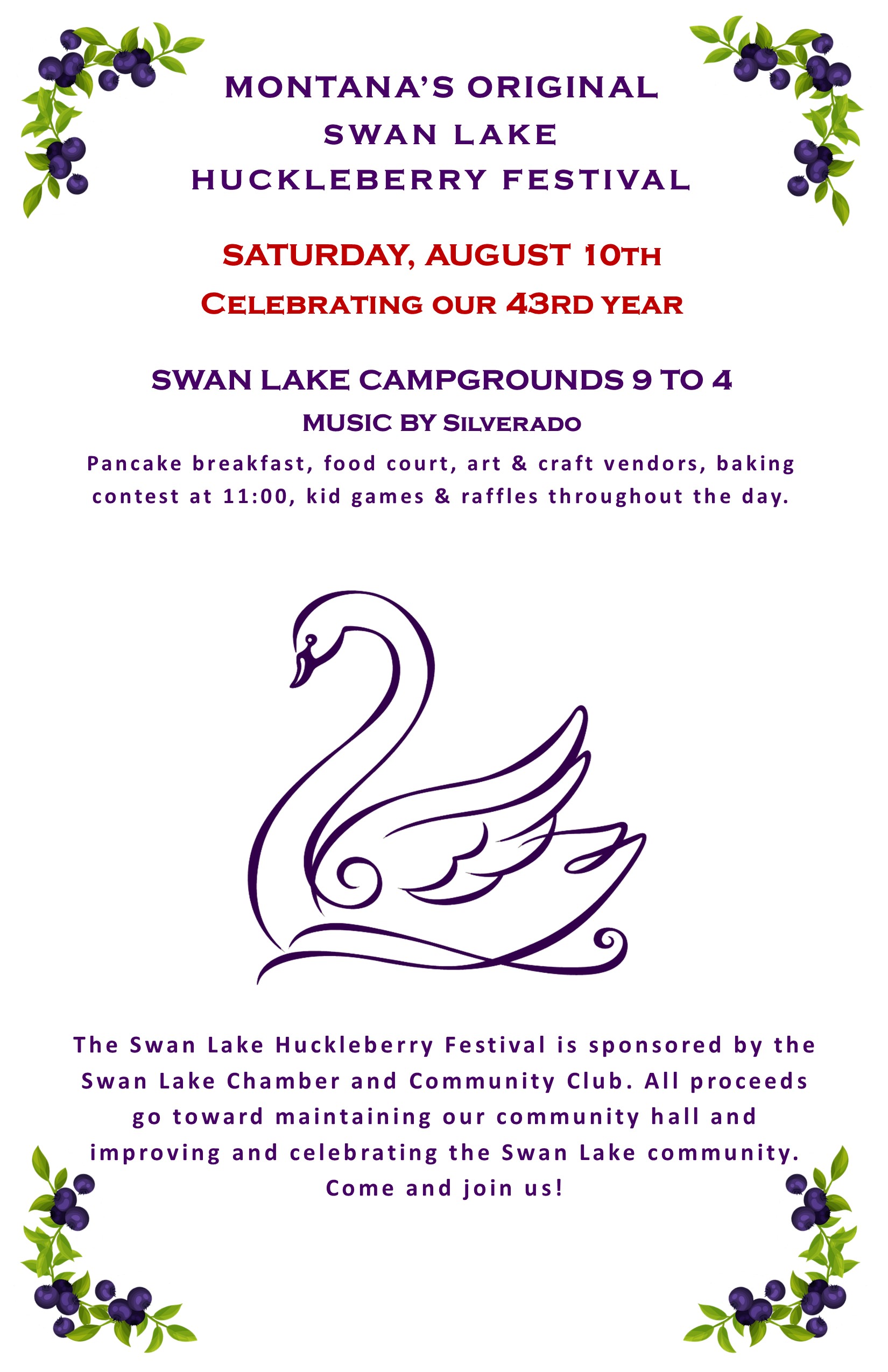 Swan Lake Huckleberry Festival August 10th