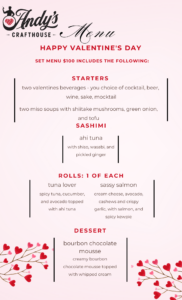 Valentine Menu at Andy's Crafthouse