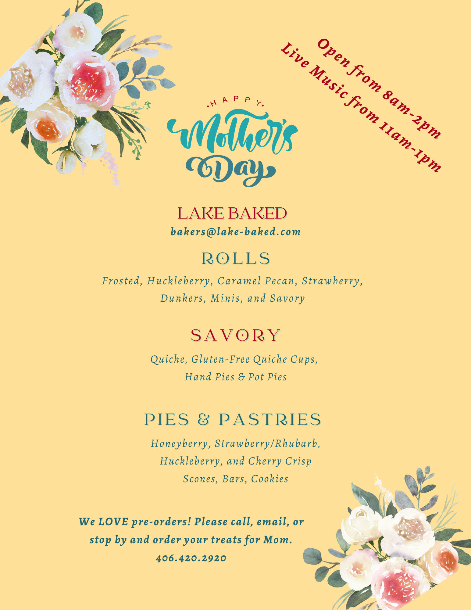 Special Mother's Day Menu at Lake Baked