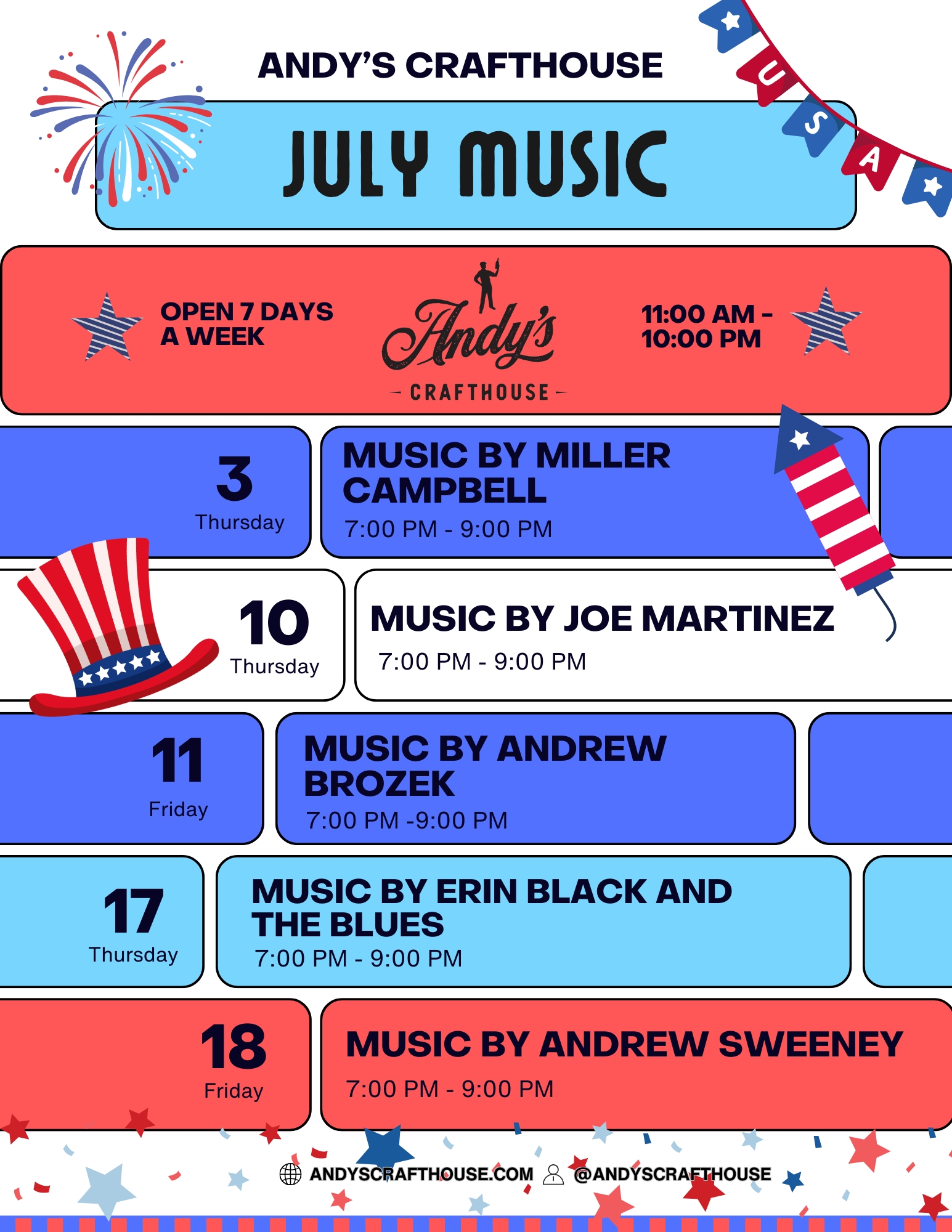 Andy's Crafthouse July Music Lineup