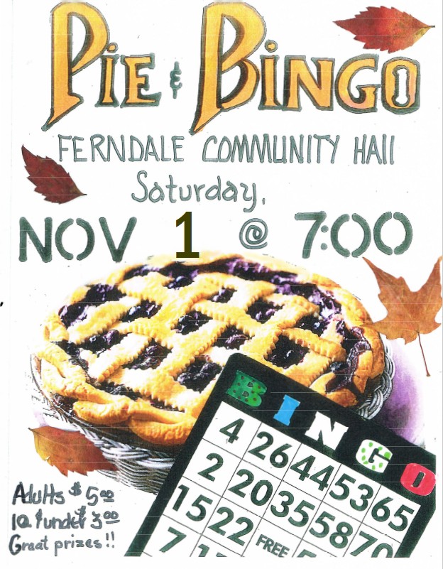 Pie and Bingo at Ferndale Community Hall Nov 1