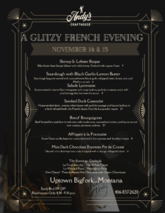 French Menu with pricing at Andy's Crafthouse