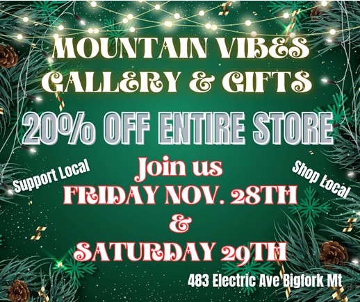 20% off Sale at Mountain Vibes Gallery Nov 28 & 29