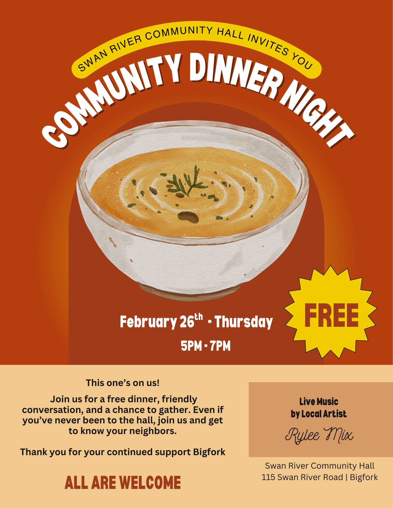 Free Community Dinner at Swan River Community Hall