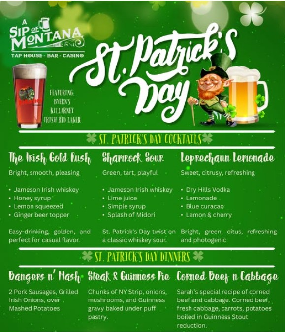 St. Patrick's Day Drinks and Dinner at A Sip of Montana